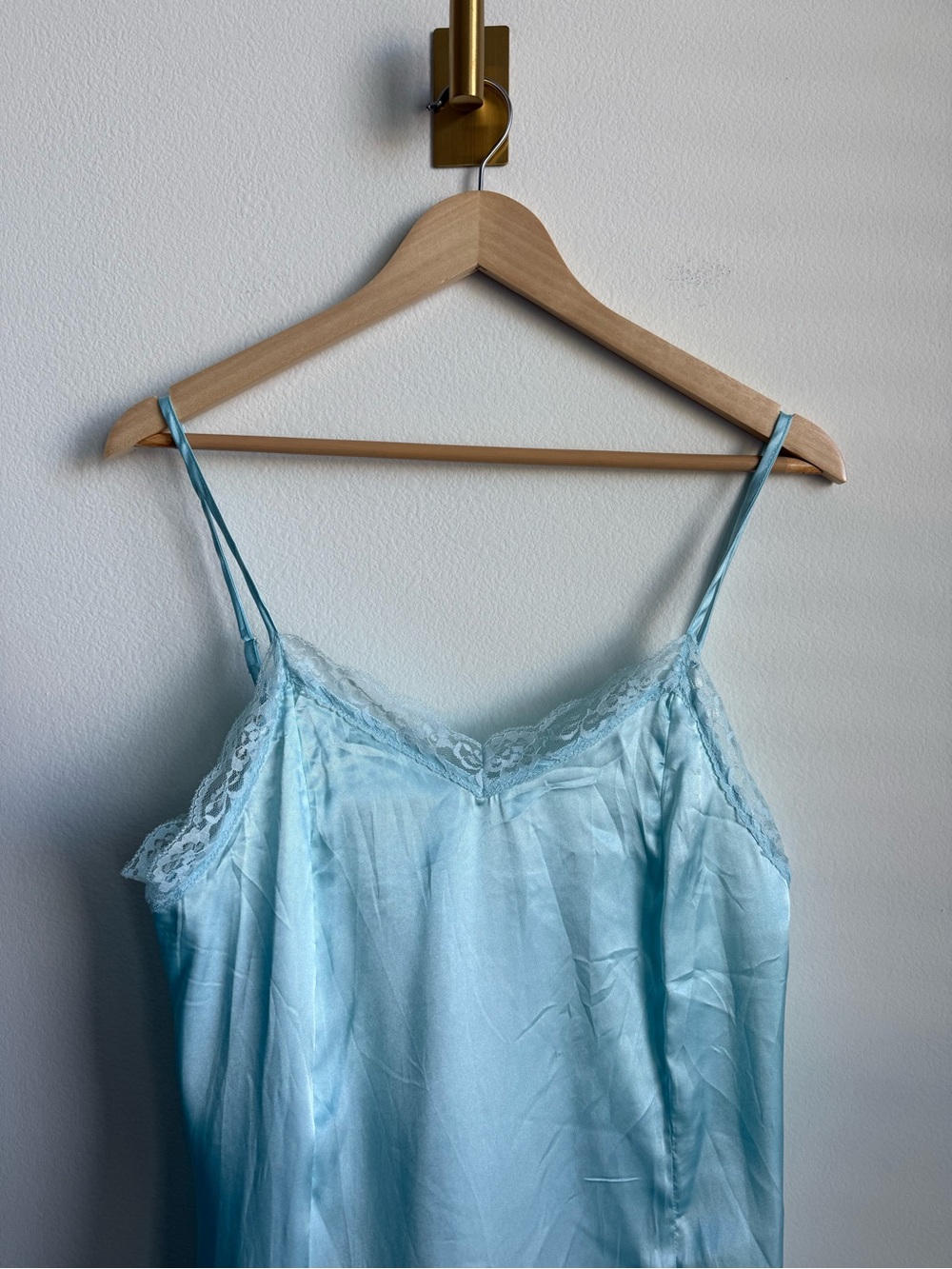 Vintage Satin Slip Dress Nightgown Lace Trim Light Blue Adjustable Straps OS - Picture 4 of 8